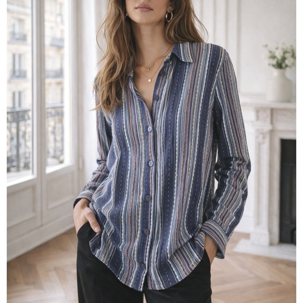 Soft Surroundings Sz M Blue Multicolor Striped Button Down Shirt Boho Resort